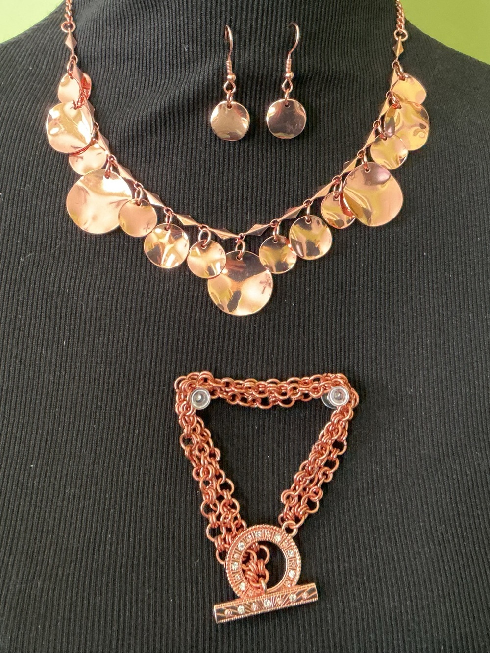 Copper Disc Necklace, Earrings & Bracelet Set